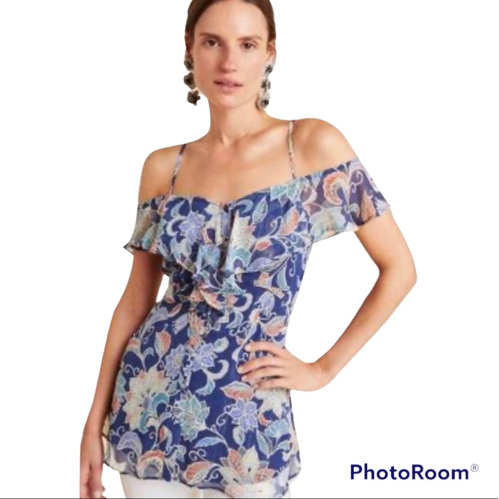 Anthropologie Blue floral print off shoulder chiffon blouse size 00P